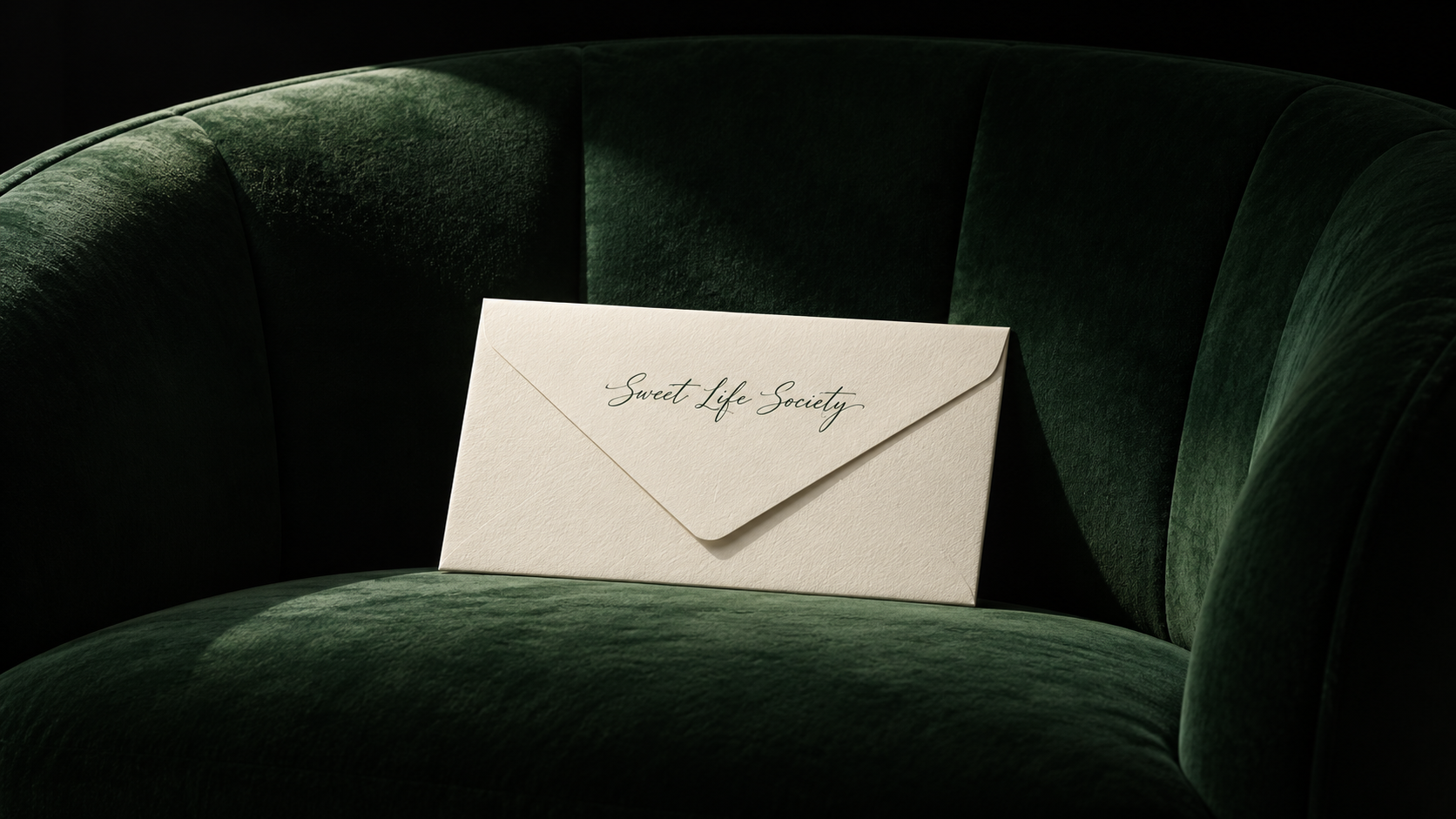 A cream Sweet Life Society envelope resting on the seat of a hunter-green velvet chair
